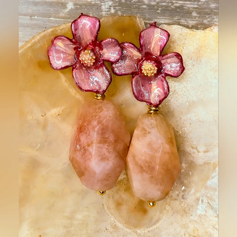 Handpainted Pink Flower & Natural Morganite In Chunky Gold Plated Earrings